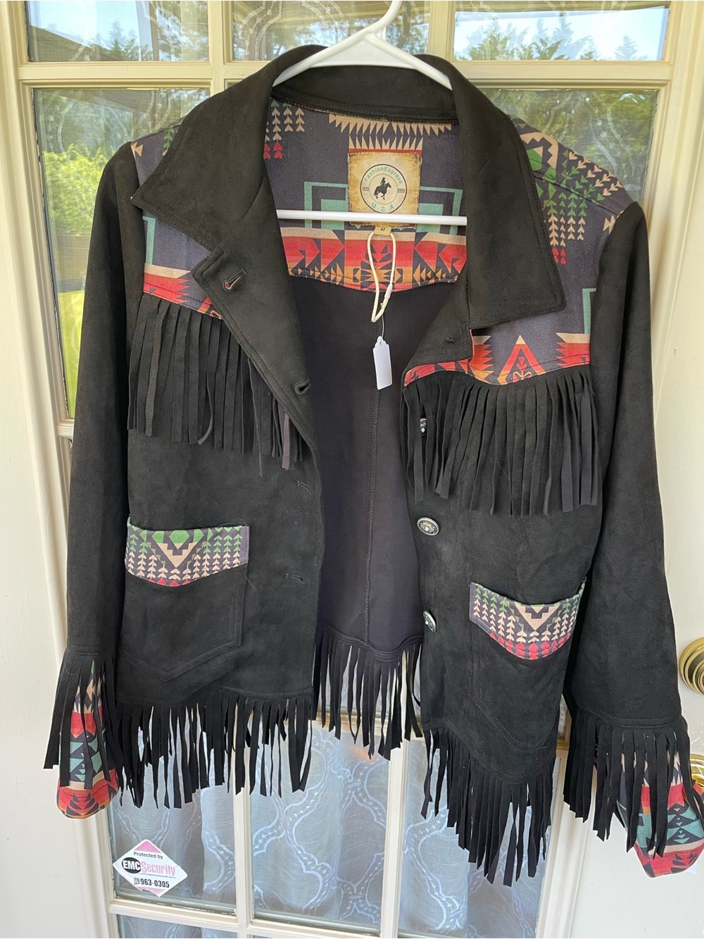 Fashion Express USA M Black Faux Suede Fringe Western Aztec Jacket Southwestern